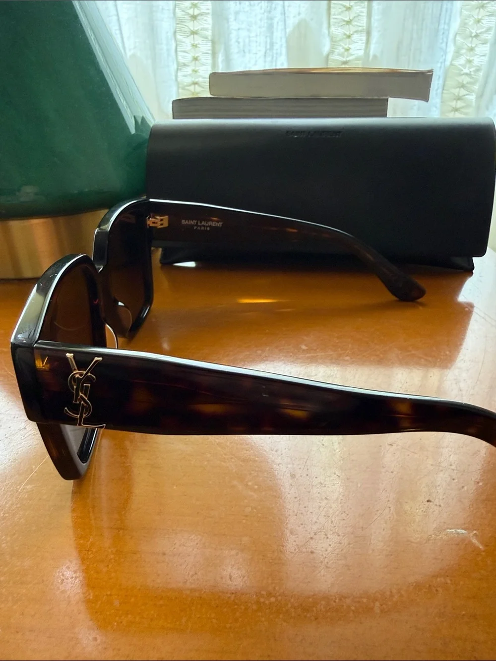 Saint Laurent Tortoiseshell Oversized Square Sunglasses with Gold YSL Accent - Picture 2 of 6